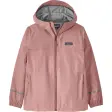 Patagonia Torrentshell 3L regnjakke til børn i støvet rosa med fast hætte, to lynlåslommer og refleksstriber ved manchetterne