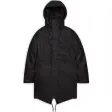 Rains Nome Long Parka lang vatteret regnparka i sort med isoleret hætte og store klaplommer, set forfra