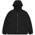 Rains Suva Hardshell Jacket i mat sort med vandtæt lynlås og hætte med snøre, set forfra
