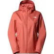 The North Face Quest regnjakke til kvinder i koralrød mars dust med lynlås og hætte, set forfra