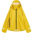 Gul regnjakke fra Tretorn Packable Rainbreaker børnesæt med hætte, sort lynlås og refleksbånd på ærmerne, set forfra