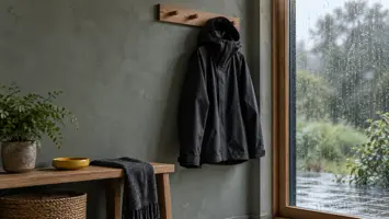 En mat sort regnjakke uden mærke på en knagerække i en enkel skandinavisk stue med et stort vindue og regn udenfor