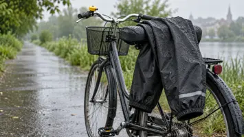 Et par sorte regnbukser foldet over sadlen på en cykel på en våd cykelsti ved en sø i regnvejr