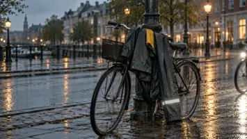 En cykel ved en lygtepæl på en våd bygade i skumringen med regnjakke og regnbukser over styret og en refleksstribe, der lyser op