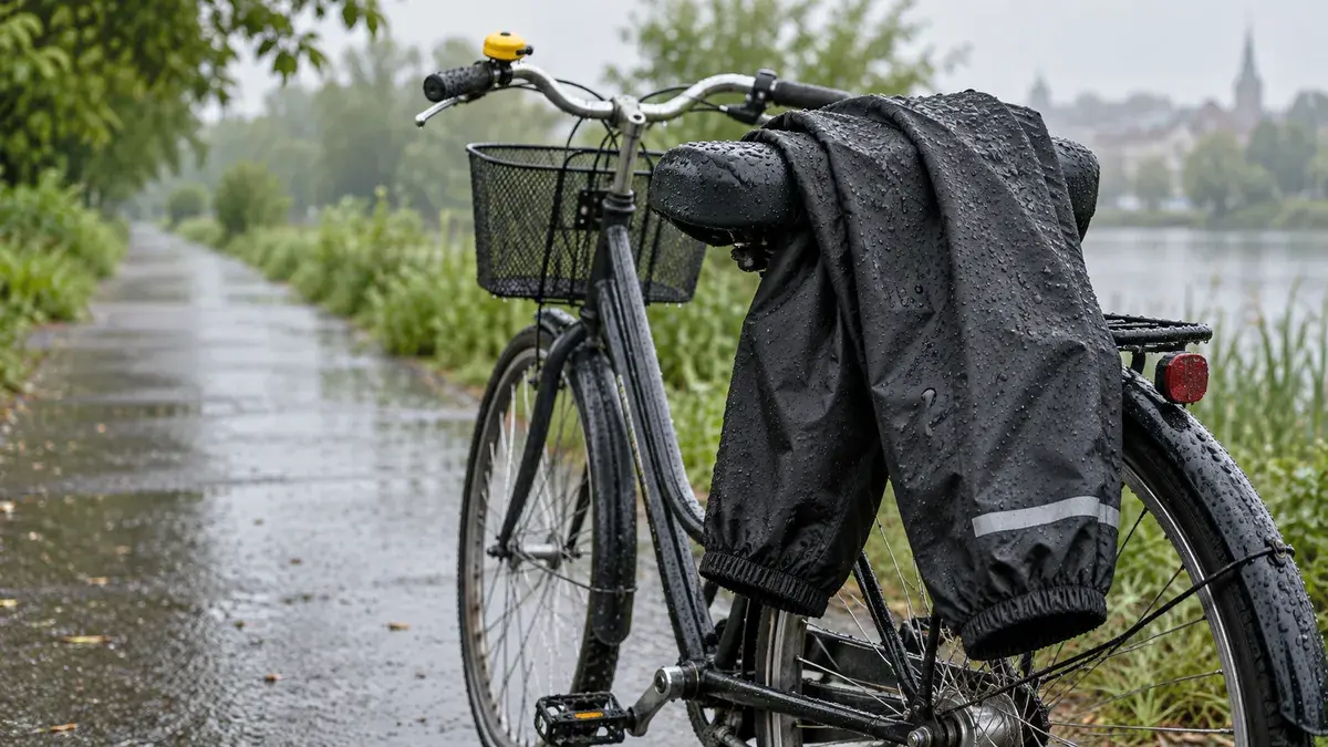 Et par sorte regnbukser foldet over sadlen på en cykel på en våd cykelsti ved en sø i regnvejr