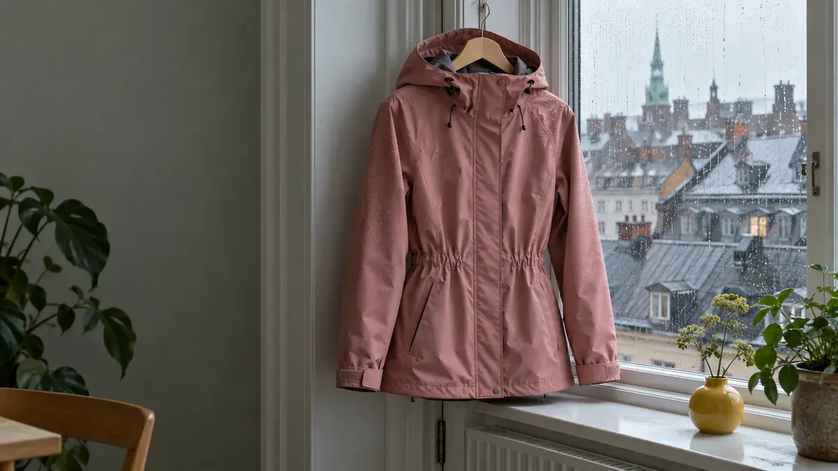 En støvet rosa regnjakke til kvinder på en bøjle ved et regnvådt vindue med udsigt over tage og et kirkespir