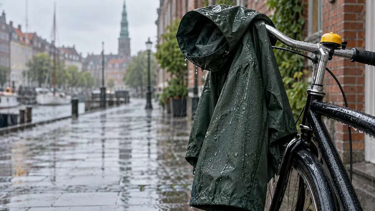 En mørkegrøn regnjakke med hætte hængt over styret på en parkeret cykel på en våd bygade i regnvejr