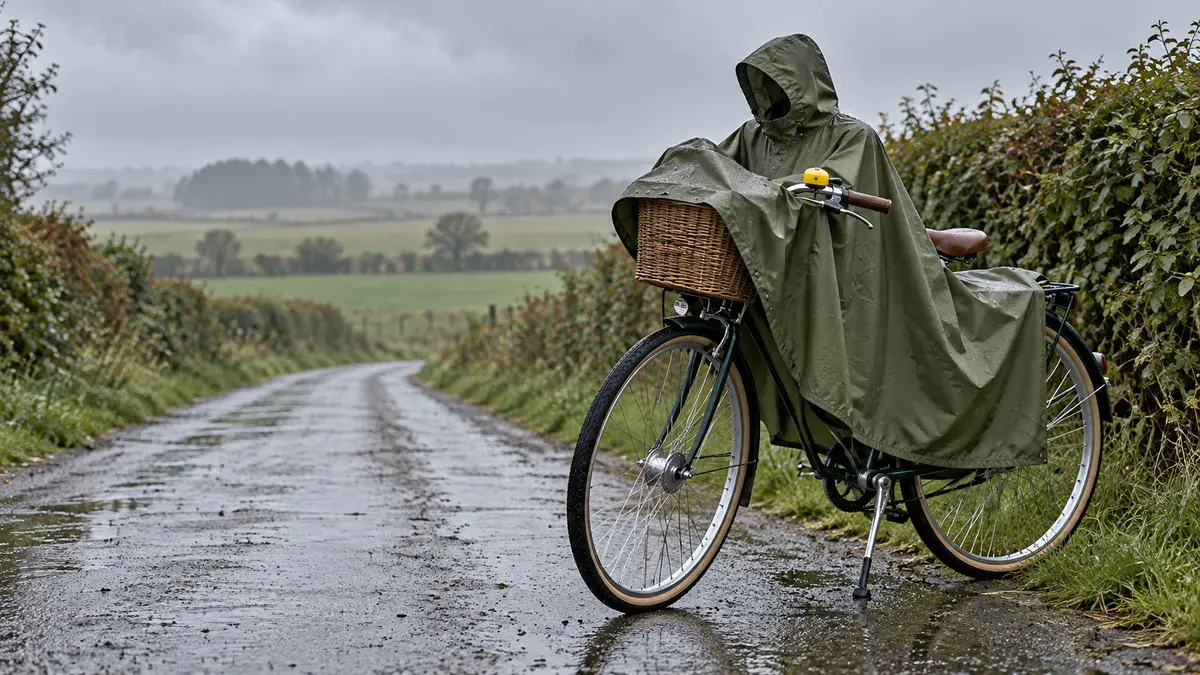 En olivengrøn regnponcho hængt over en cykel med kurv på en våd landevej mellem hække i let regn