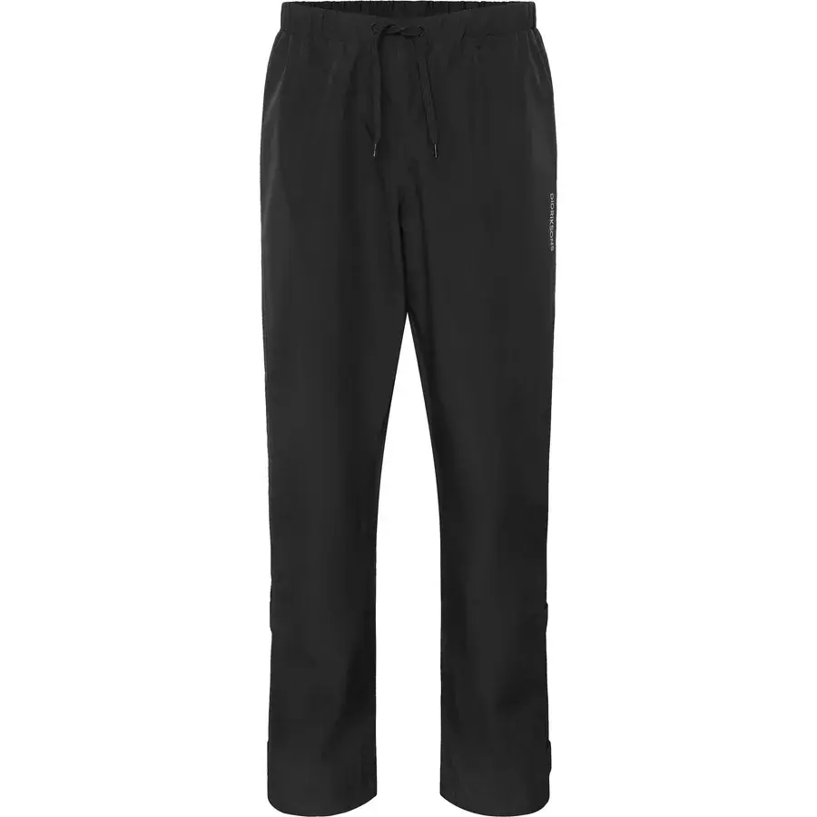 Didriksons Grit Pants 4 regnbukser til mænd i sort med snøretræk og logo på låret, set forfra