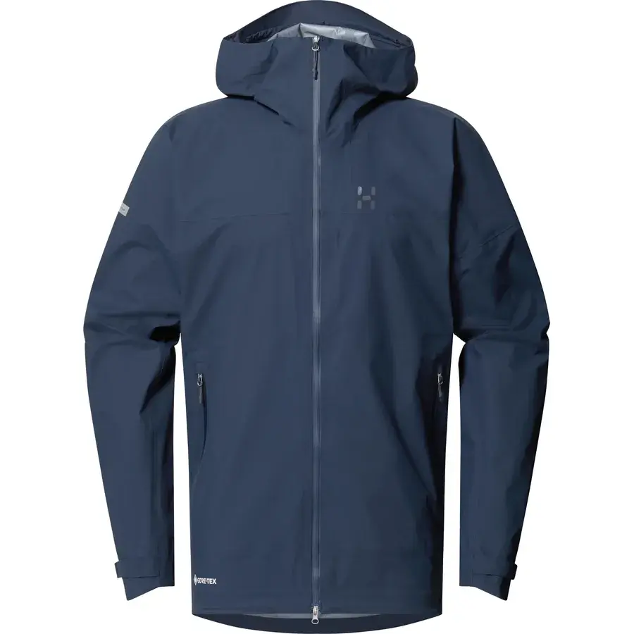 Haglöfs L.I.M Airak GORE-TEX skaljakke til mænd i mørkeblå tarn blue med hætte og lynlåslommer, set forfra