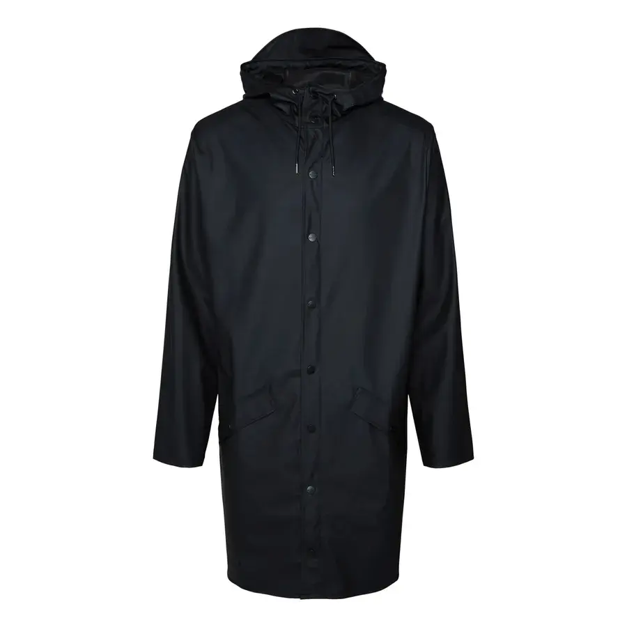 Rains Long Jacket lang regnfrakke i sort med hætte og trykknapper hele vejen ned, set forfra