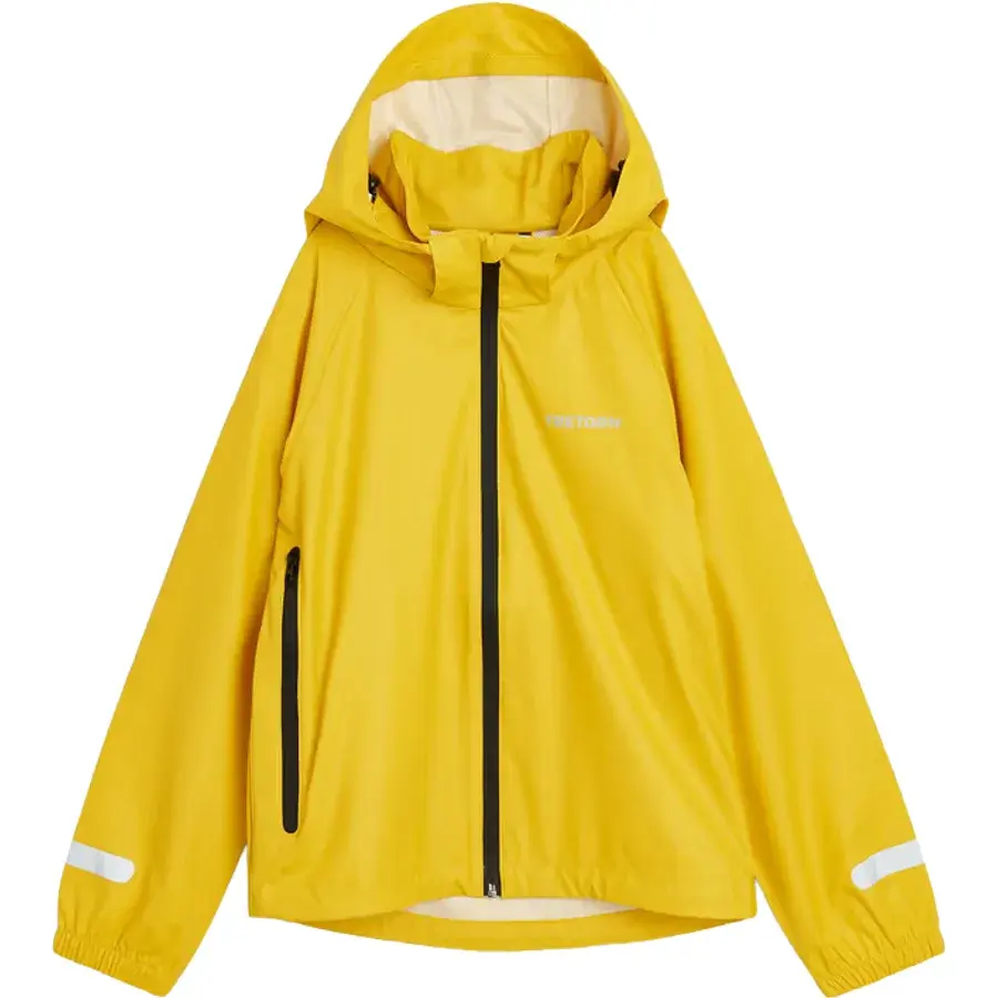 Gul regnjakke fra Tretorn Packable Rainbreaker børnesæt med hætte, sort lynlås og refleksbånd på ærmerne, set forfra