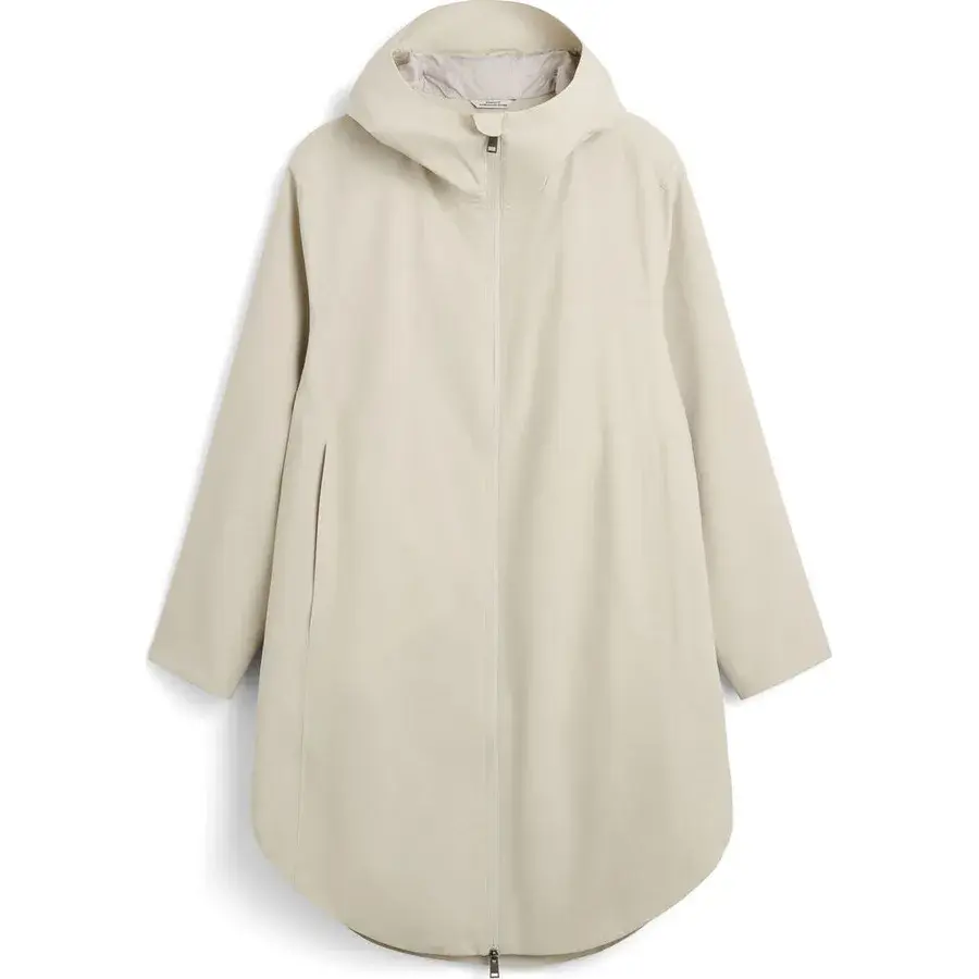 Tretorn Way Poncho Parka til kvinder i sandfarvet beige med hætte og gennemgående lynlås, set forfra